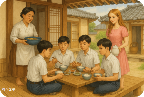 연오가 유치한(?) 하숙생들이 식사하는 모습 재현(비키도 시중을 들었다)