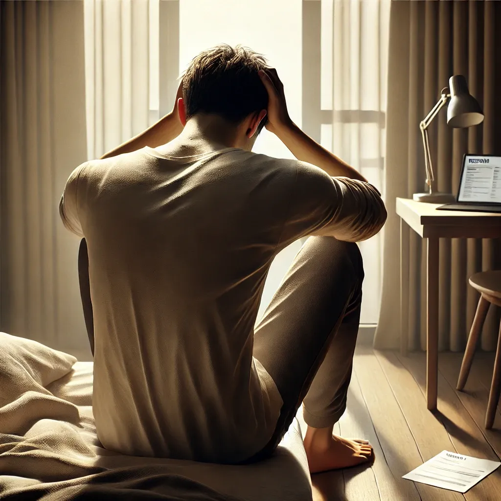 침대에 앉아 머리를 감싼 남성