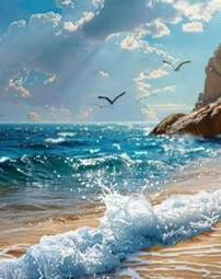 해변가에-파도가-치며-갈메기가-날아다니는-한적한-모습