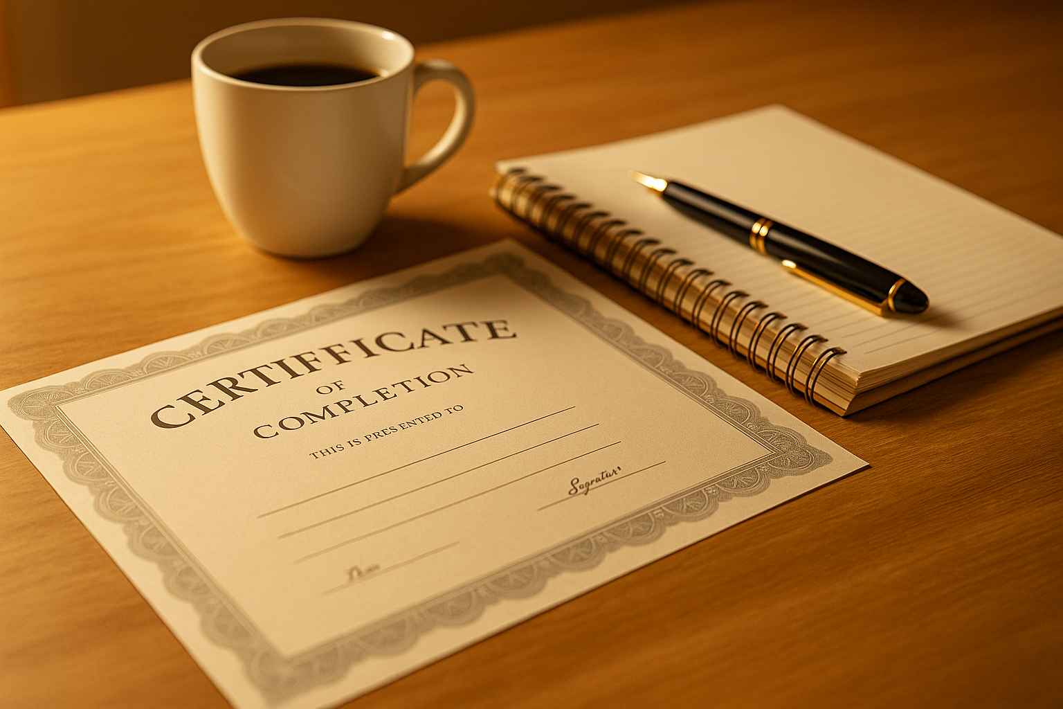 자격증, 노트, 커피잔이 놓인 따뜻한 분위기의 책상 위 풍경