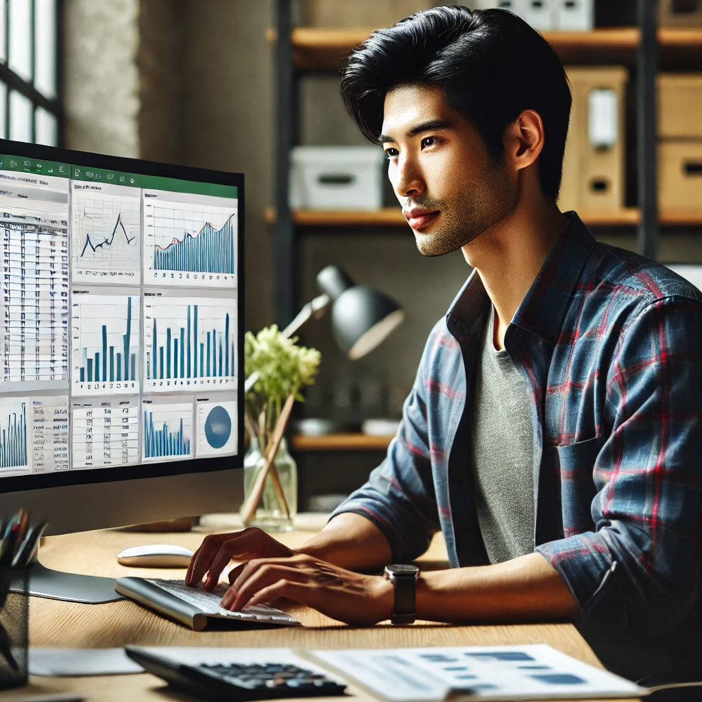 30대 초반의 한국 남성이 사무실 책상에 앉아 모니터에서 고급 엑셀 스프레드시트를 작업하는 모습, 차트와 데이터 분석 도구를 활용하며 전문적이고 집중된 표정