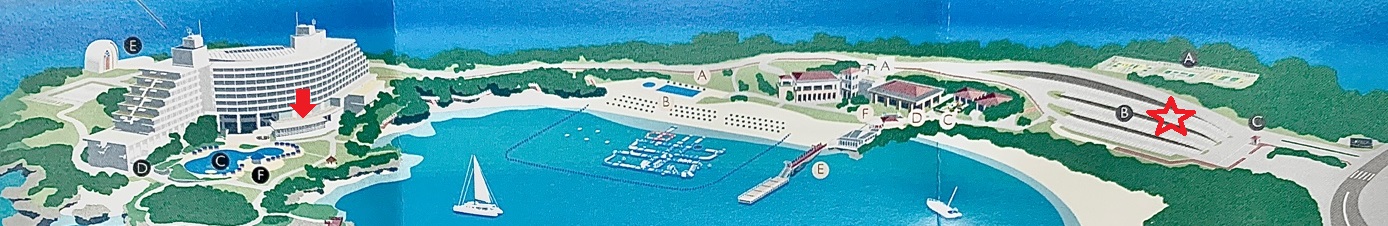 화살표가 체크인 장소, 별표가 주차장