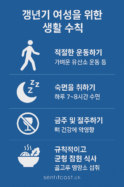 이 인포그래픽은 갱년기 여성이 일상 속에서 실천할 수 있는 건강한 생활 습관 4가지를 제시한 자료로, 유산소 운동, 충분한 수면, 금주 및 절주, 균형 잡힌 식사에 대한 핵심 메시지를 간단한 아이콘과 함께 시각적으로 보여주는 구성입니다.