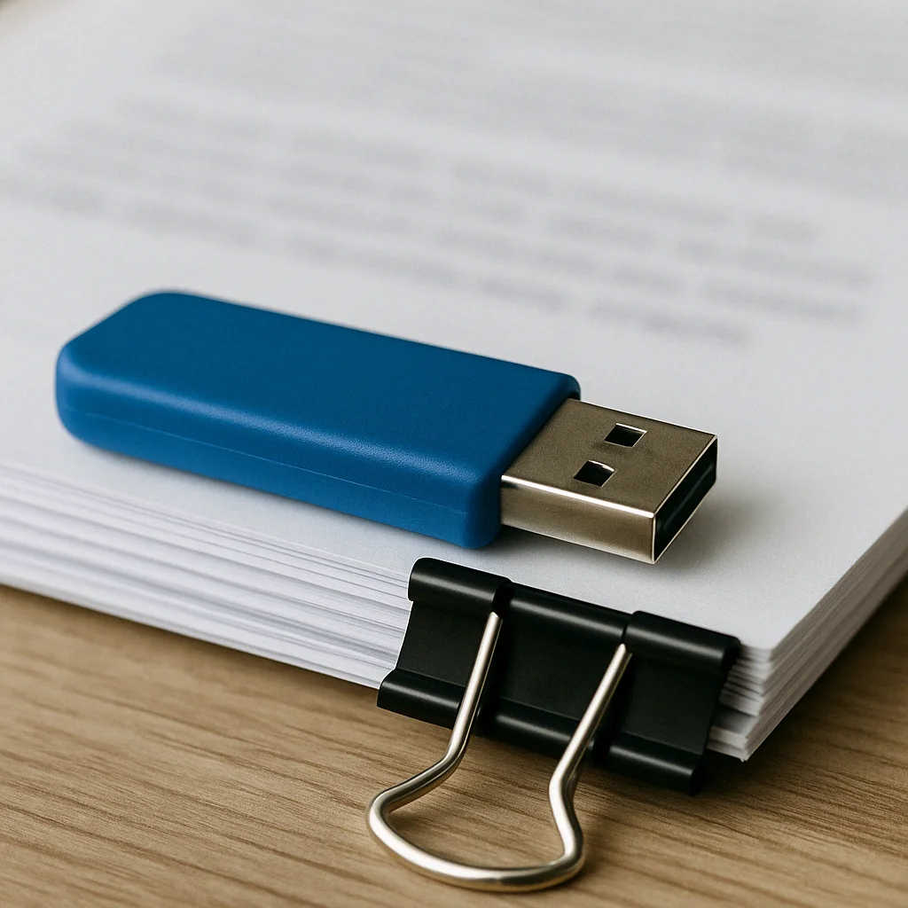 정부 지원 서류 위에 수평으로 올려진 파란색 USB 메모리, 제출용 자료를 정리한 모습