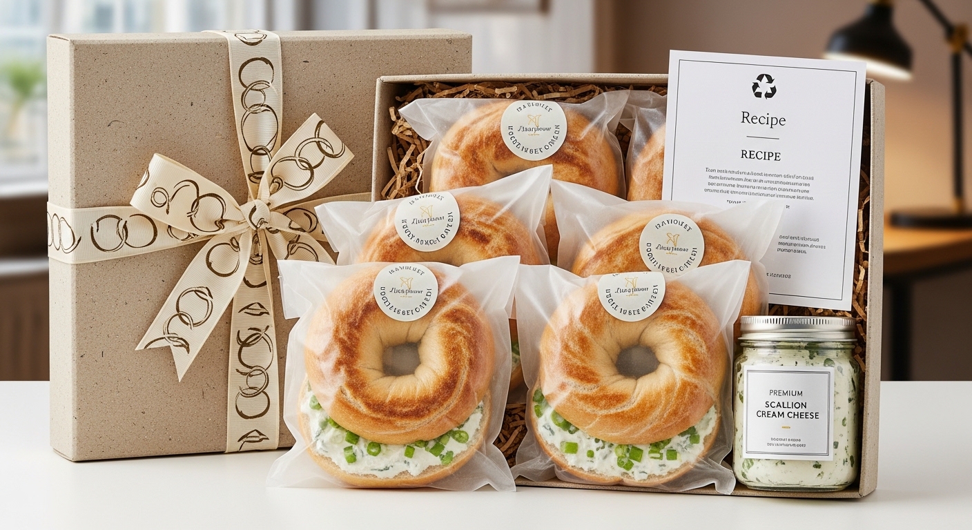 크림치즈쪽파베이글-선물포장-패키지] [사진3 Alt text : 현대적인 크림치즈 쪽파 베이글 세트로 가득 찬 아름답게 제시된 선물 상자입니다. 각 세트는 친환경 포장으로 개별 포장되어 있으며, 맞춤형 레시피 카드와 프리미엄 쪽파 크림치즈 작은 병이 함께 있습니다. 전통 매듭이 있는 리본이 달려 있으며, 흐릿하지만 세련된 사무실 배경이 보입니다.
