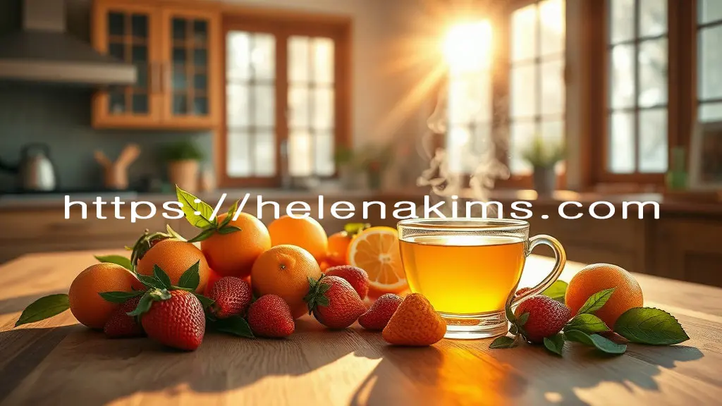 고급스런 주방 따스한 햇살 가득한 겨울 창가, 깨끗한 나무 테이블 위 신선한 귤, 탐스러운 딸기, 향긋한
따뜻한 유자차 한 잔이 과일들과 조화롭게 놓여 있습니다. 싱그러운 잎사귀와 작은 물방울이 활력을 더합니다.