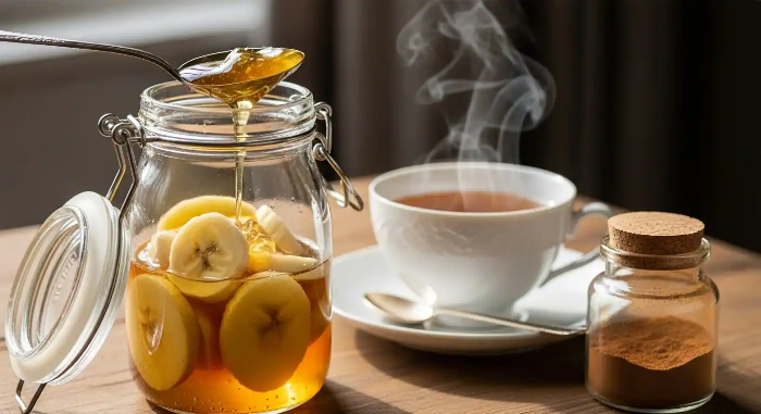 꿀에 절인 바나나, 사과와 계피를 넣은 차가 식탁 위에 놓여 있는 모습