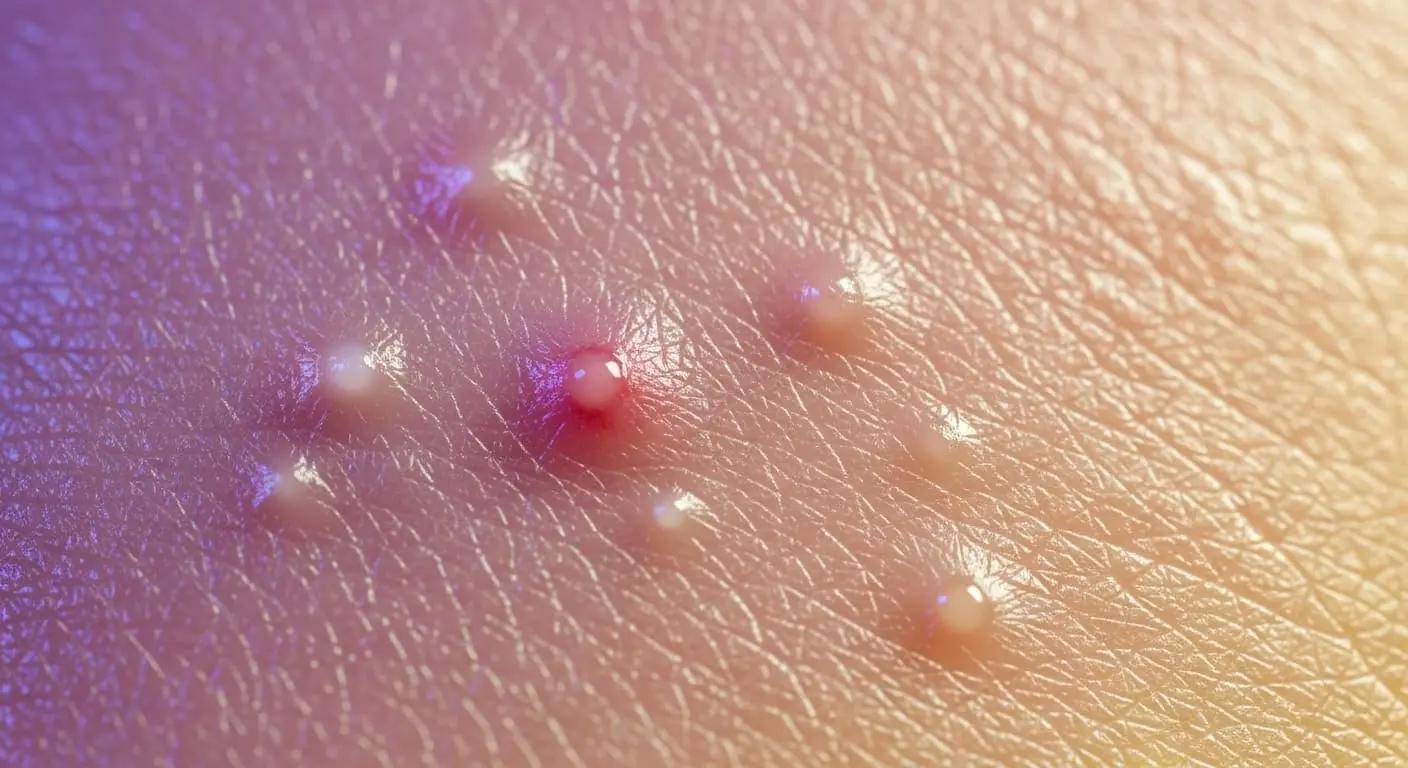 모공이 막히고 여드름이 발생한 피부의 클로즈업 이미지.