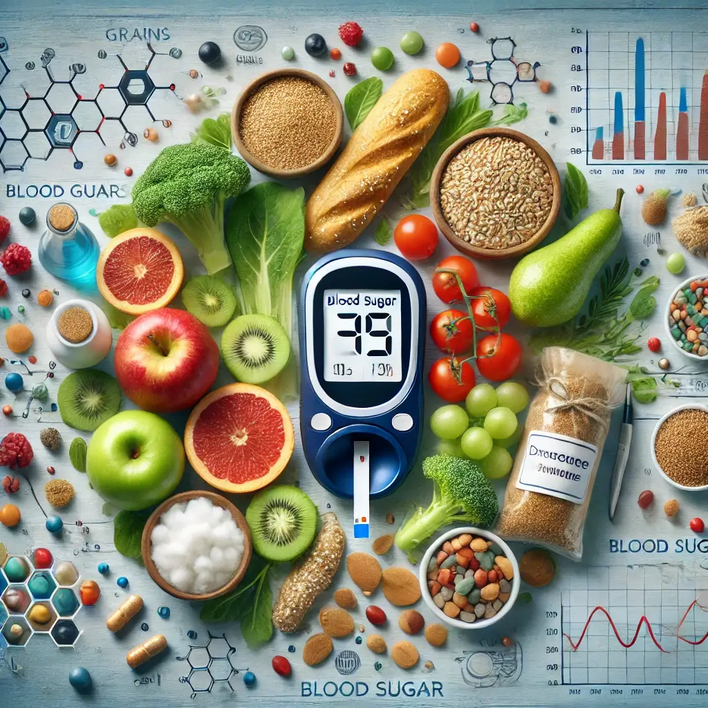 혈당 측정기와 브로콜리, 아보카도, 귀리, 현미, 시금치등 각종 저당 식품의 이미지
