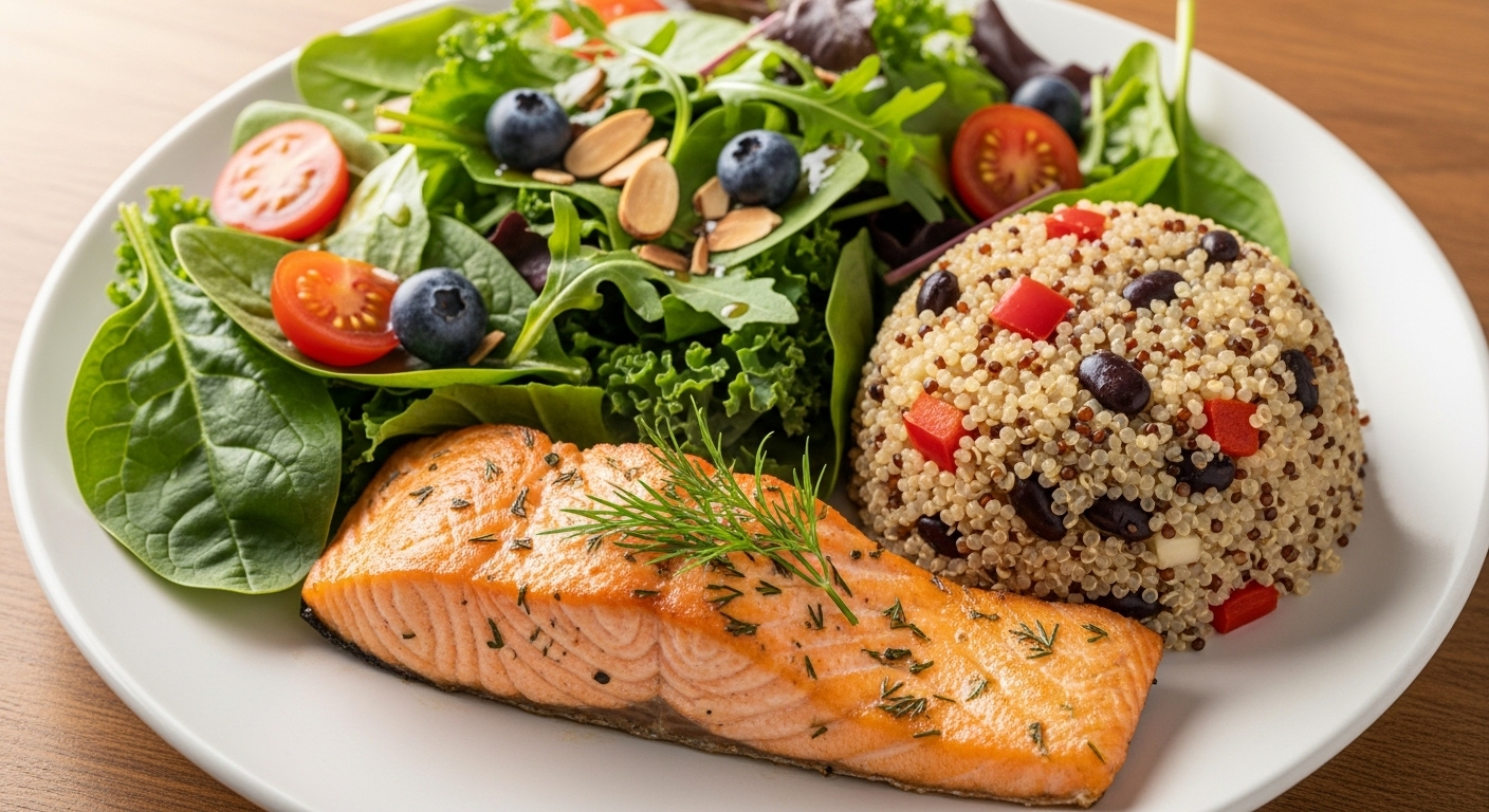 구운 연어와 퀴노아, 신선한 채소 샐러드가 조화롭게 담긴 건강한 식단 이미지