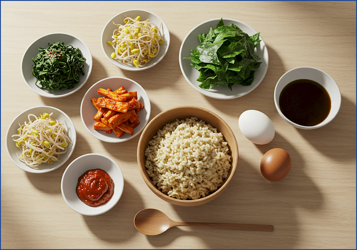 현미밥&amp;#44; 콩나물&amp;#44; 시금치&amp;#44; 도라지 나물&amp;#44; 계란&amp;#44; 고추장&amp;#44; 들기름 등 나물 듬뿍 현미 비빔밥 재료들이 정갈하게 준비된 모습.