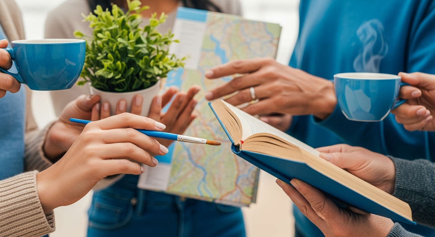 다양한 연령대의 손들이 붓, 책, 식물 등을 들고 교류하는 모습, 여러 취미 커뮤니티를 통한 연결을 상징.