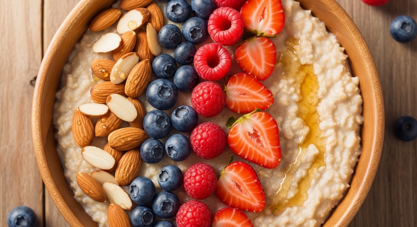 설명: 건강하고 든든한 노마드의 아침을 상징하는 오트밀 식단