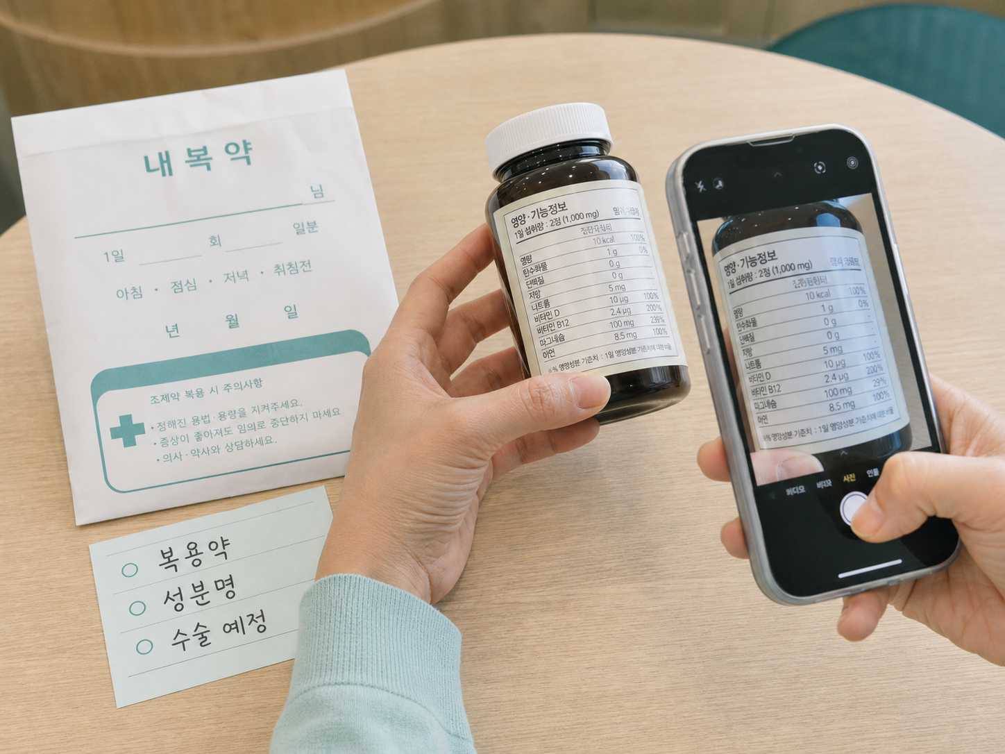 영양제와 약 같이 먹어도 되는지 확인하기 위해 성분표를 사진으로 찍는 장면