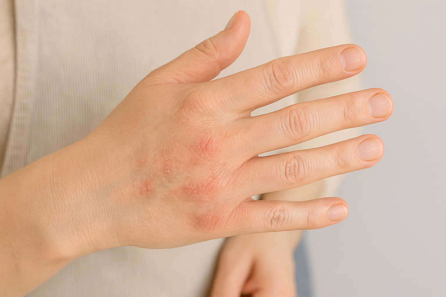 손등과 손가락 사이 피부가 벗겨지고 갈라진 모습