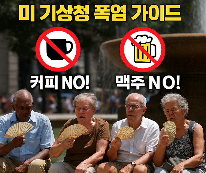 폭염 속 뉴욕 센트럴파크 분수대 앞, 부채질하며 더위를 견디는 노인들, NO 커피, NO 맥주 아이콘 이 함께 있는 이미지