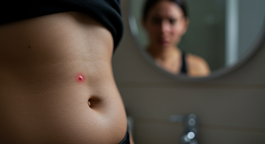 위고비 투약 후 나타날 수 있는 부작용을 암시하는 주사 부위 염증과 불편한 표정