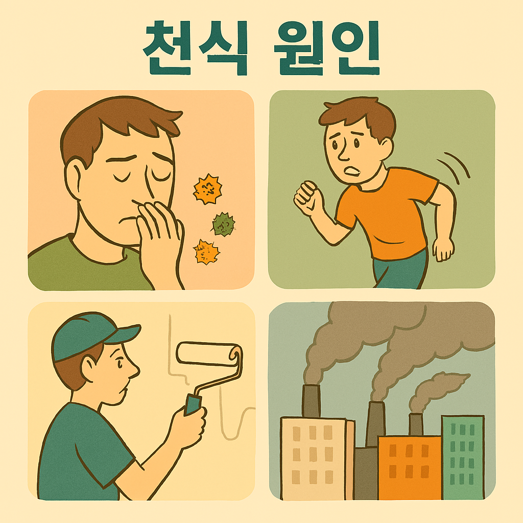 천식 원인에 대한 이미지로 상단에 천식 원인
밑에 4개의 그림이 있는데 알레르기와 남자, 운동하는 남자, 오염된 공기, 페인트칠 하는 남성이 그려져 있음