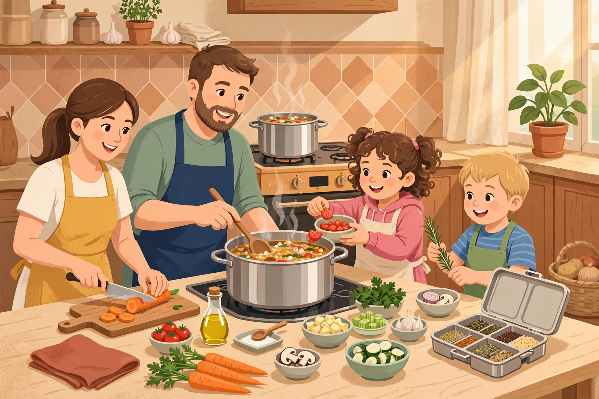 집 주방에서 부대찌개 밀키트를 냄비에 끓이며 식탁에 재료를 펼쳐 둔 가족 일러스트