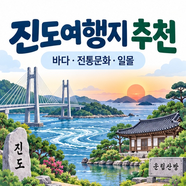 진도여행지 추천을 상징하는 진도대교 운림산방 바다와 일몰 인포그래픽