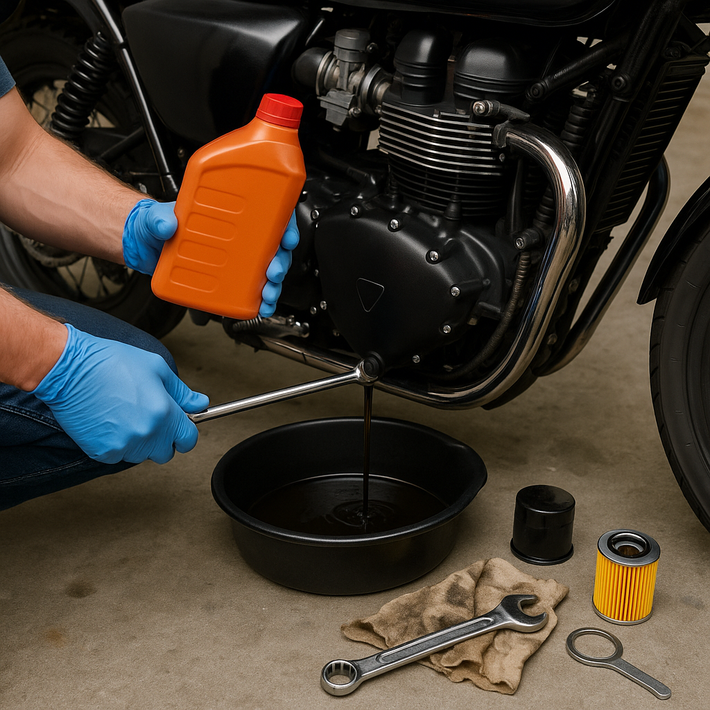 엔진오일을 직접 교체 중인 초보 라이더의 손과 오일 용품들