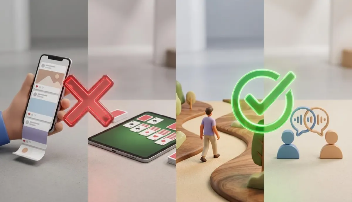 스마트폰 숏폼 무의미한 시청과 단순 반복 고스톱 이미지에는 빨간색 X표가 쳐져 있고, 낯선 길 걷기와 외국어 회화 학습 이미지에는 초록색 O표가 쳐져 있는 뇌 건강 습관 점검 인포그래픽