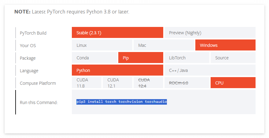 PyTorch 설치 명령어를 만드는 화면