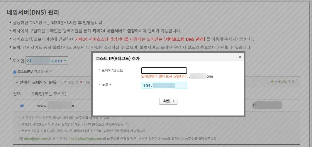 카페24 도메인: A 레코드(IP 주소) 설정 시 "도메인명이 올바르지 않습니다" 에러가 발생하는 경우