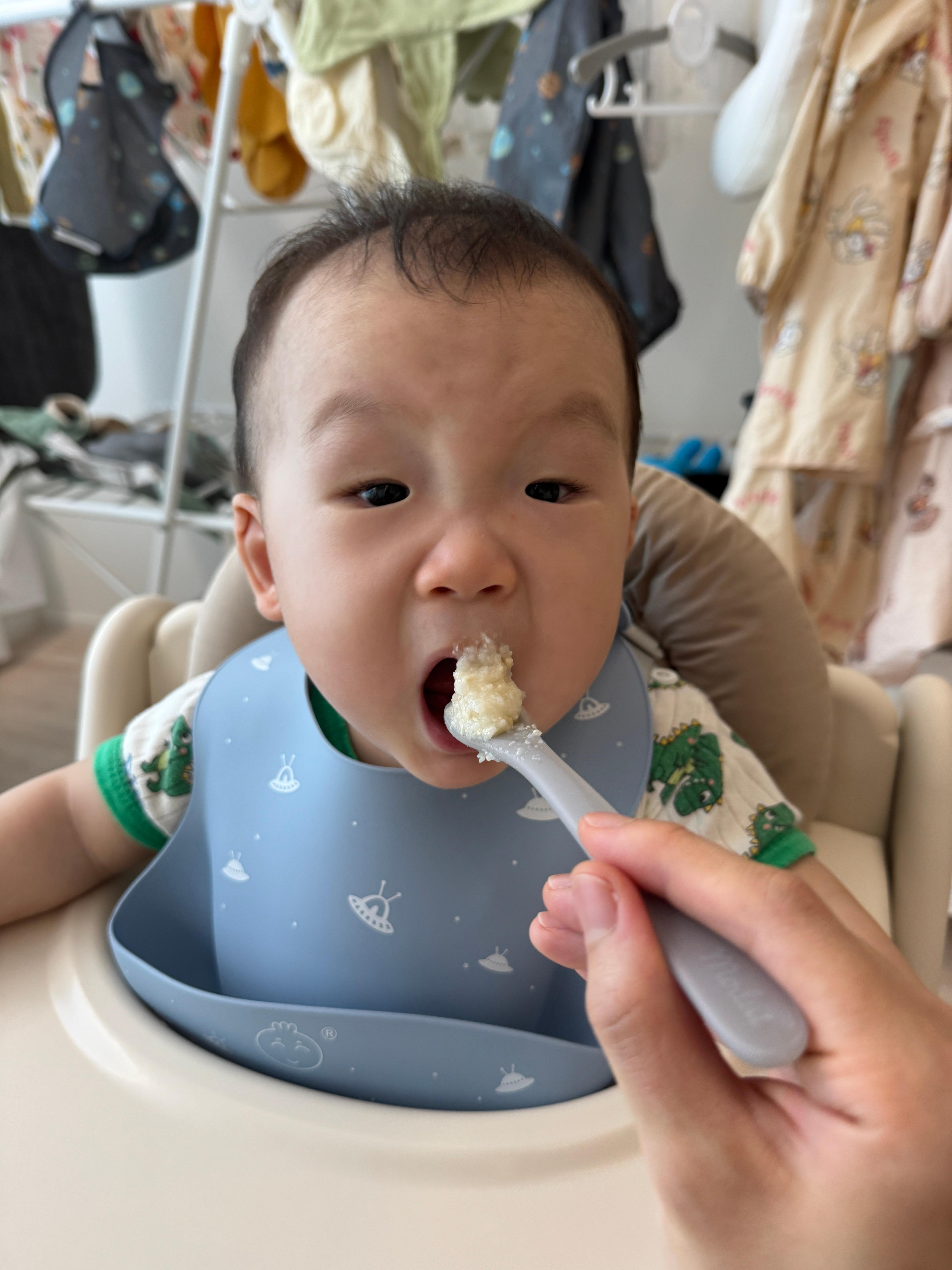 닭고기새송이버섯고구마 죽을 귀여운 표정으로 먹는 10개월 아기