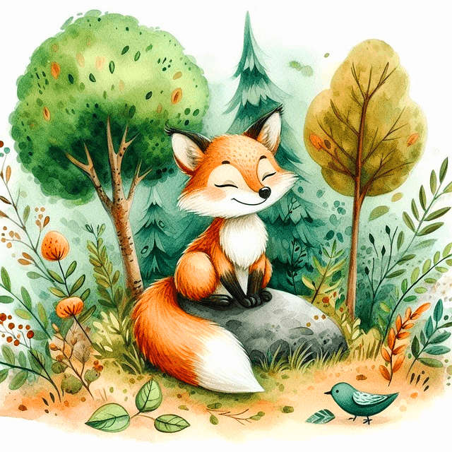 숲속 바위 위에 주황색 털을 가진 여우가 앉아서 두 눈을 감고 있다. 뒤에는 푸른 나무들이 많다.