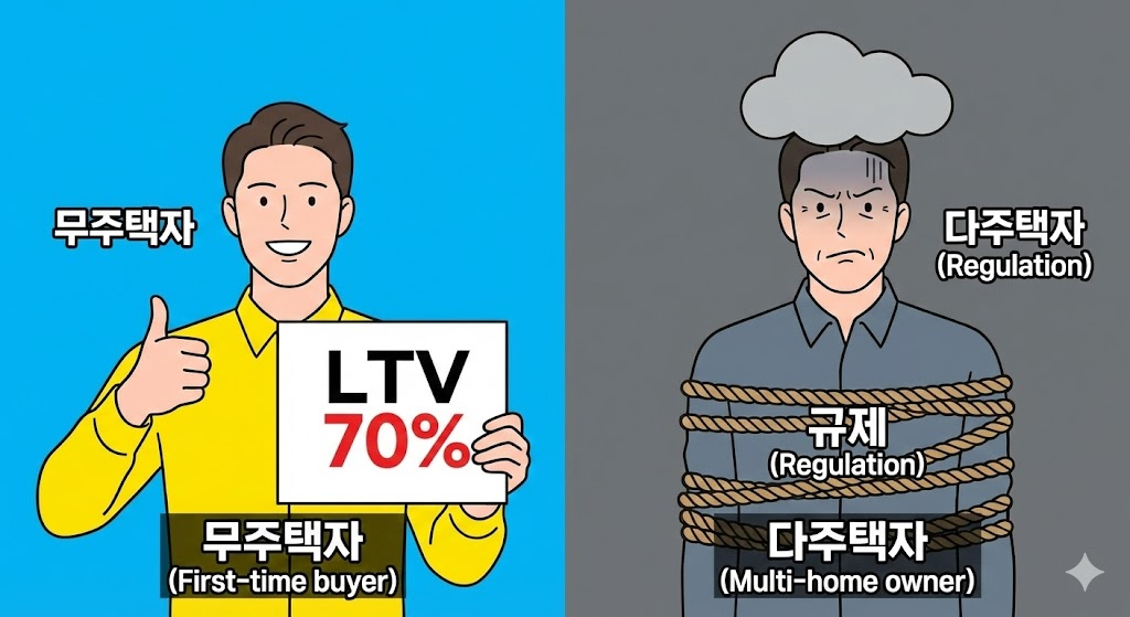 무주택자는 대출 혜택을 받고 다주택자는 규제에 묶인 상황을 비교한 개념 이미지.