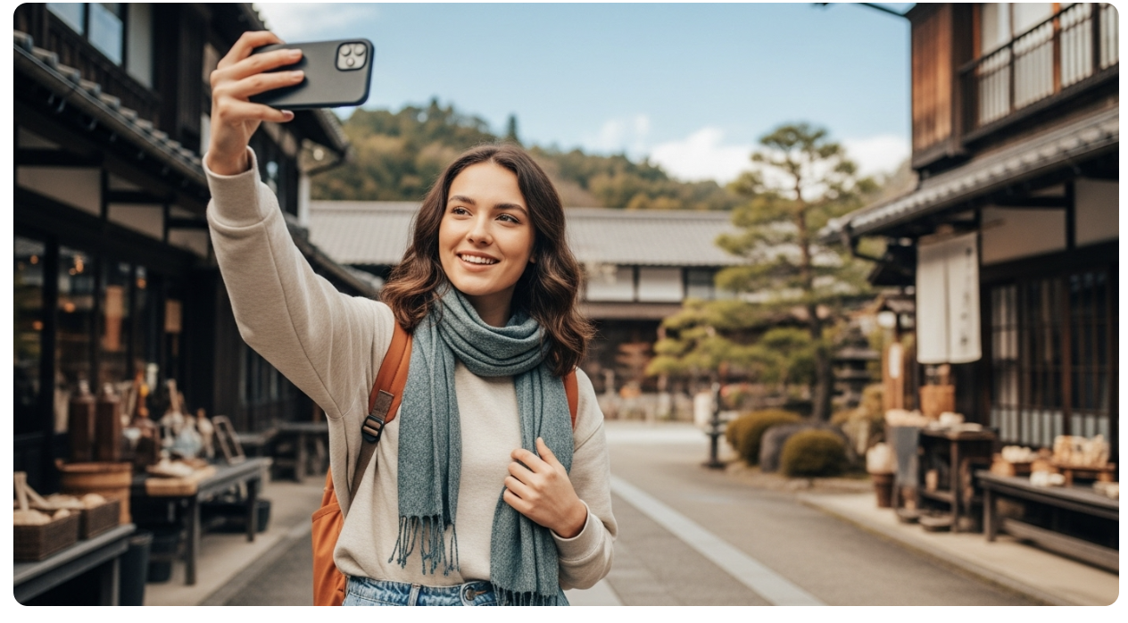 2025년 엔저 시대, 일본 소도시에서 금박 공예 체험을 즐기며 셀카를 찍는 Z세대 여행객의 활기찬 모습