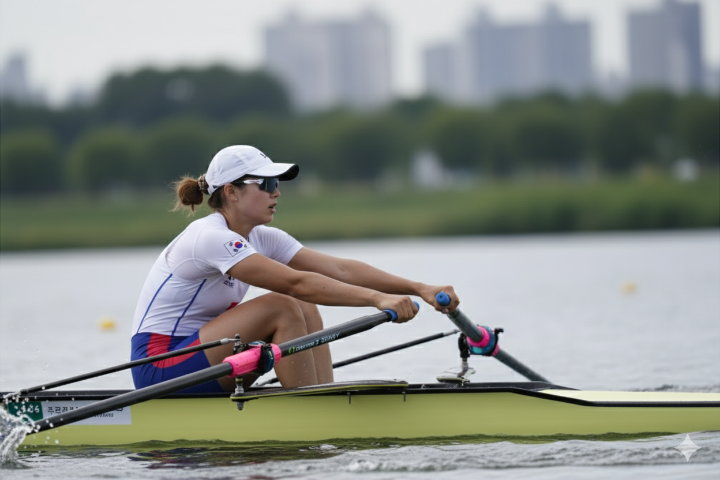 조정 보트 위에서 힘차게 노를 젓고 있는 여성 선수