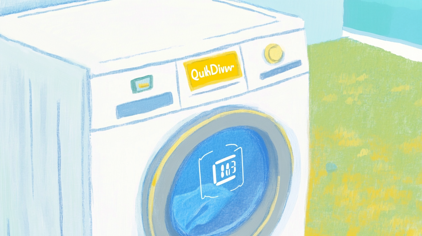 퀵드라이브 기술이 작동하여 세탁 시간을 줄이는 디지털 타이머와 함께 묘사된 일러스트.