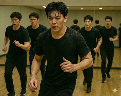 연습실에서 땀 흘리며 춤 연습을 하는 K-POP 아이돌 이미지