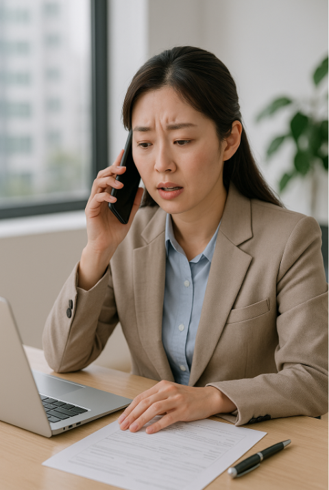 노트북 앞에 앉아 퇴직 관련 서류를 확인하며 건강보험공단에 전화를 걸고 있는 여성.