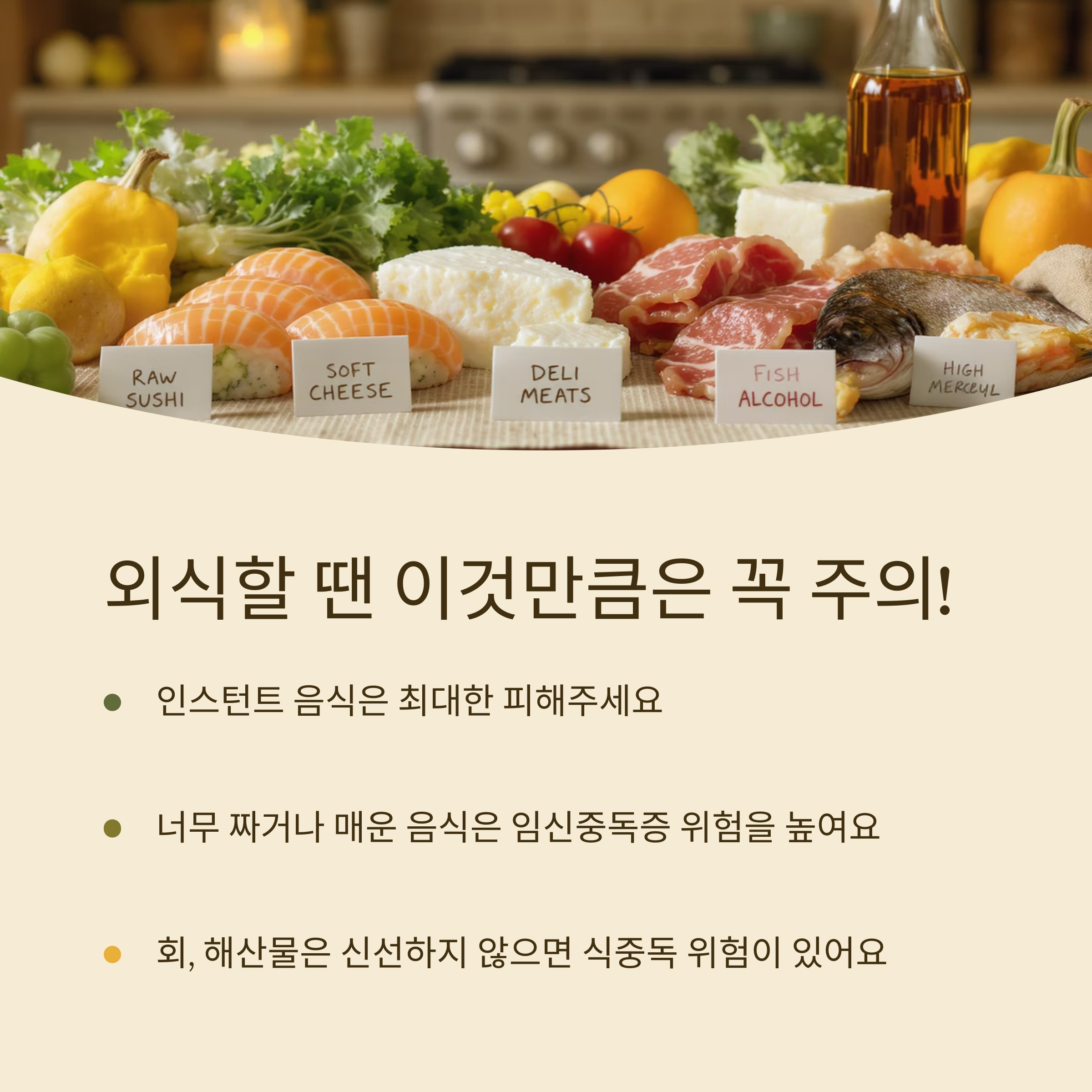 외식 시 주의해야 할 음식들을 안내하는 인포그래픽 이미지. 생선회, 소프트치즈, 델리미트, 생선, 알코올 등 위험 식품과 주의사항 설명 포함