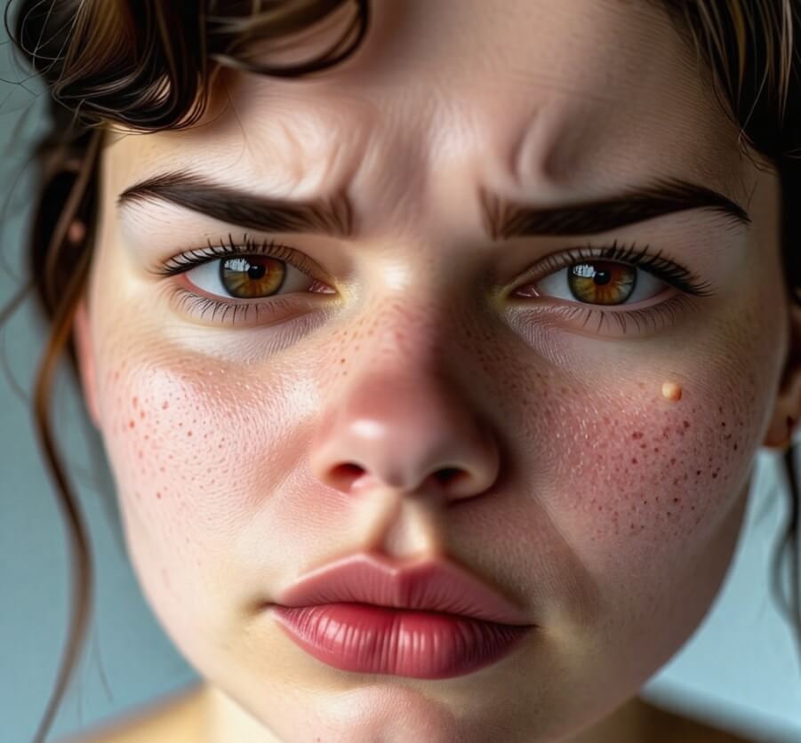 여자-얼굴에-트러블과-주근깨-홍조가-있는-사진입니다.