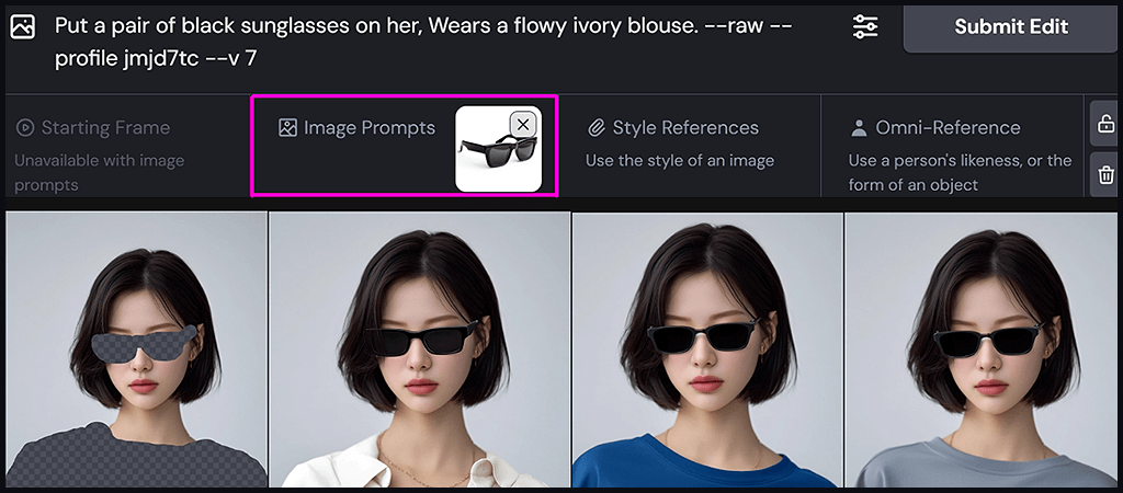 여성 모델의 얼굴에 검은색 선글라스가 자연스럽게 착용된 이미지_Midjourney