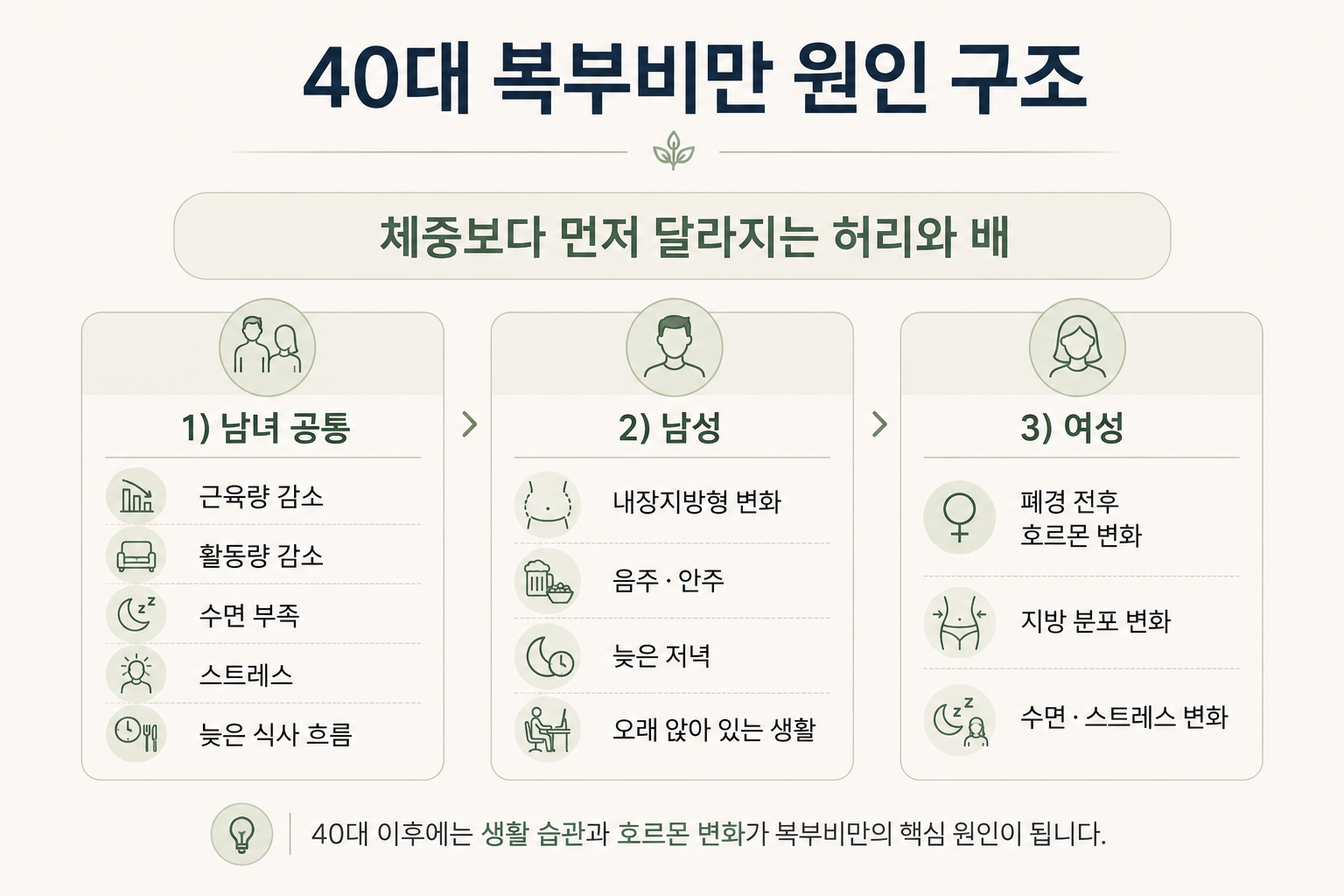40대 이후 배가 먼저 나오는 원인을 남녀 공통 원인과 남성 원인, 여성 원인으로 나누어 정리한 이미지