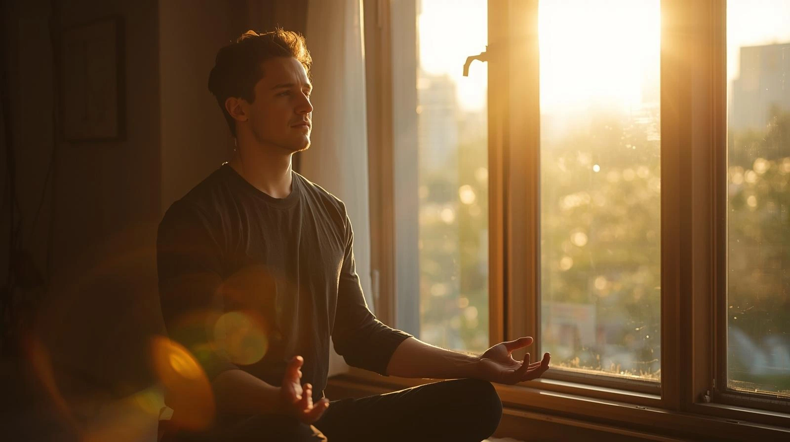 햇살이 들어오는 창가에서 명상하는 사람