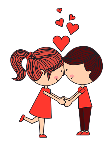 사랑하는 연인이 이마를 맞대고 서서 두 손을 잡는다. 둘 사이엔 빨간 하트들이 피어오른다.