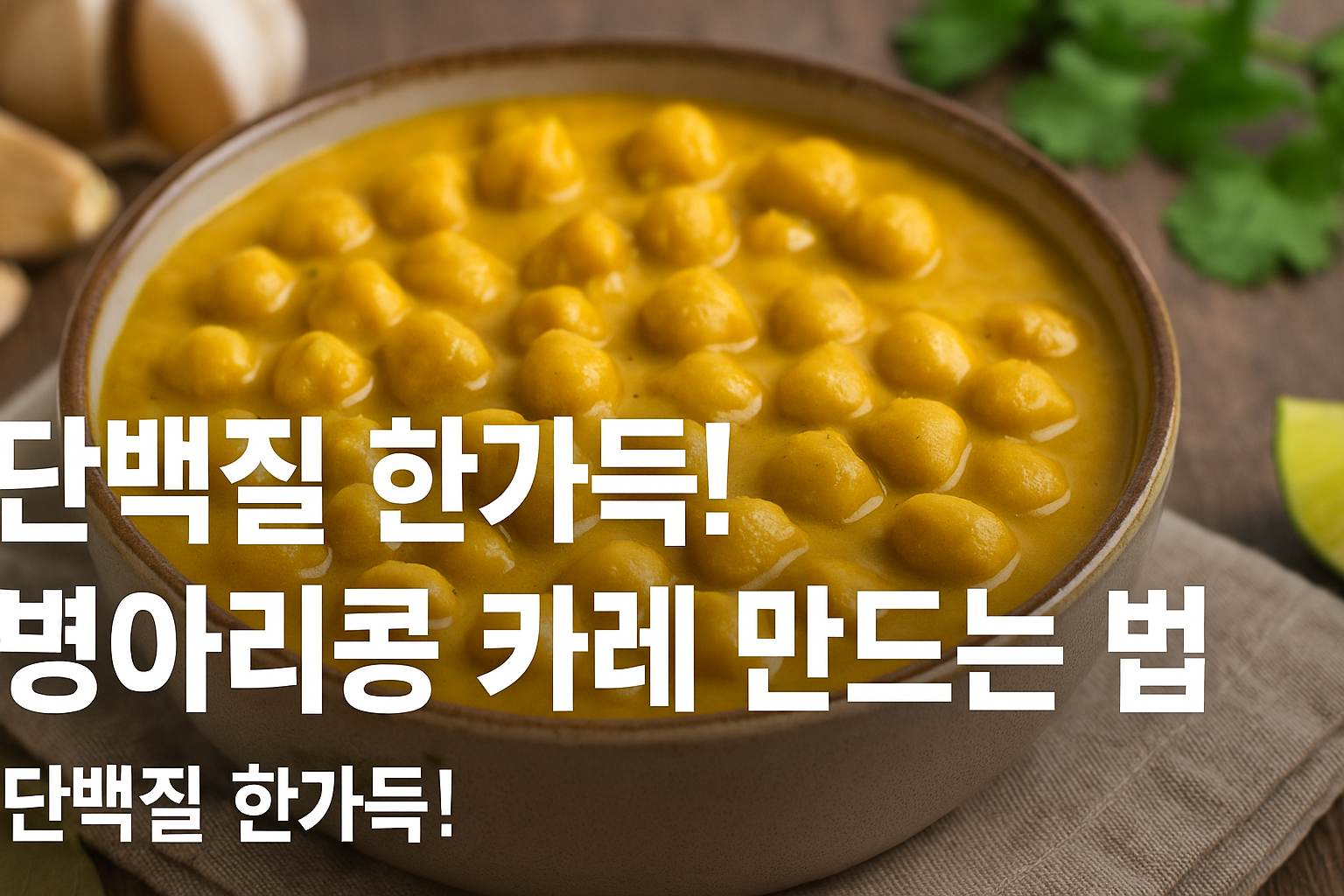 단백질 한가득 병아리콩 카레 만드는 법, 따뜻한 접시에 담긴 비건 카레와 함께 건강한 한 끼를 표현한 이미지"
