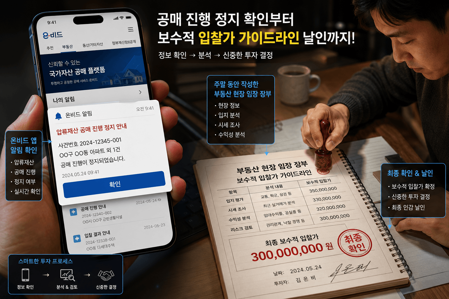 스마트폰 온비드 앱 화면의 알림 메시지를 통해 압류재산 공매 진행 정지 여부를 확인하고 주말 동안 작성한 부동산 현장 임장 장부의 보수적 입찰가 가이드라인에 최종 인감을 날인하는 투자자 모습