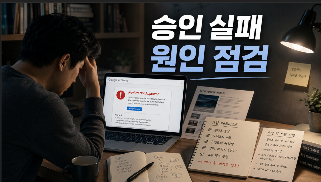애드센스 승인 실패 후 블로그 글 구조를 점검하는 문제 상황 이미지