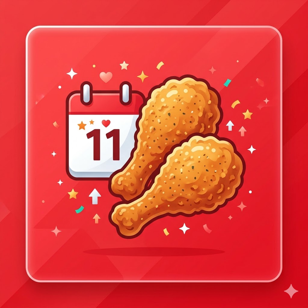 매월 11일 KFC 치킨올데이 하루종일 치킨 1+1 이벤트를 상징하는 블로그 썸네일 이미지. 강렬한 레드 톤 배경 중앙에 바삭하게 튀겨진 후라이드 치킨 통다리 두 개와 숫자 11이 적힌 달력 아이콘이 조화롭게 배치되어 1+1 혜택을 직관적으로 보여줍니다. 텍스트 없이 아이콘 위주의 깔끔한 인포그래픽 스타일입니다.