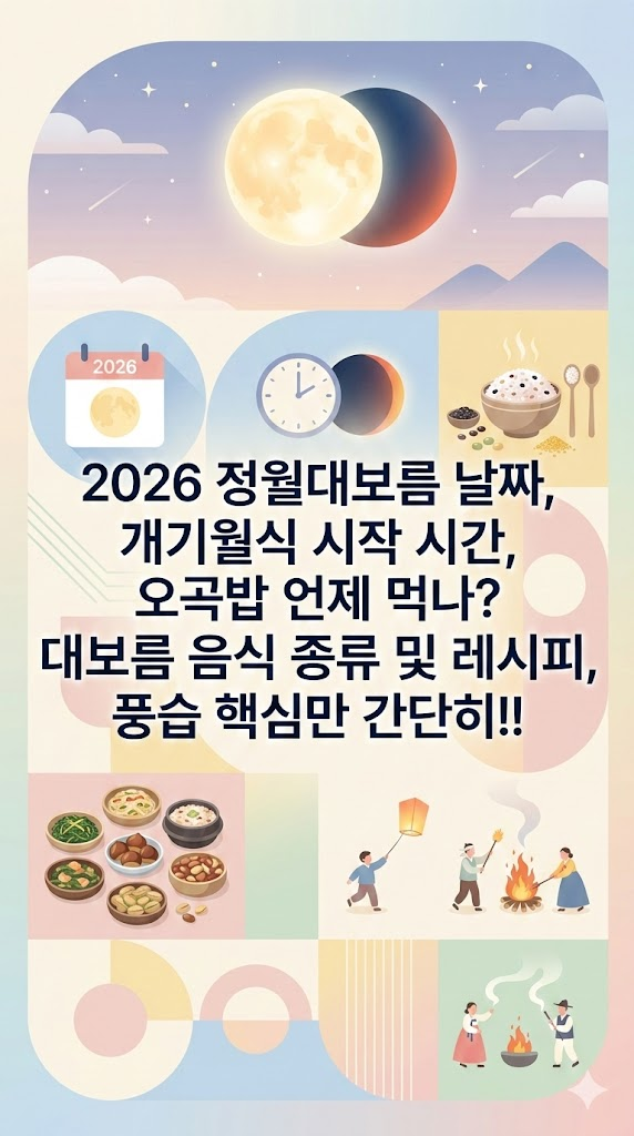 2026 정월대보름 날짜, 개기월식 시작 시간, 오곡밥 언제 먹나? 대보름 음식 종류 및 레시피, 풍습 핵심만 간단히!!