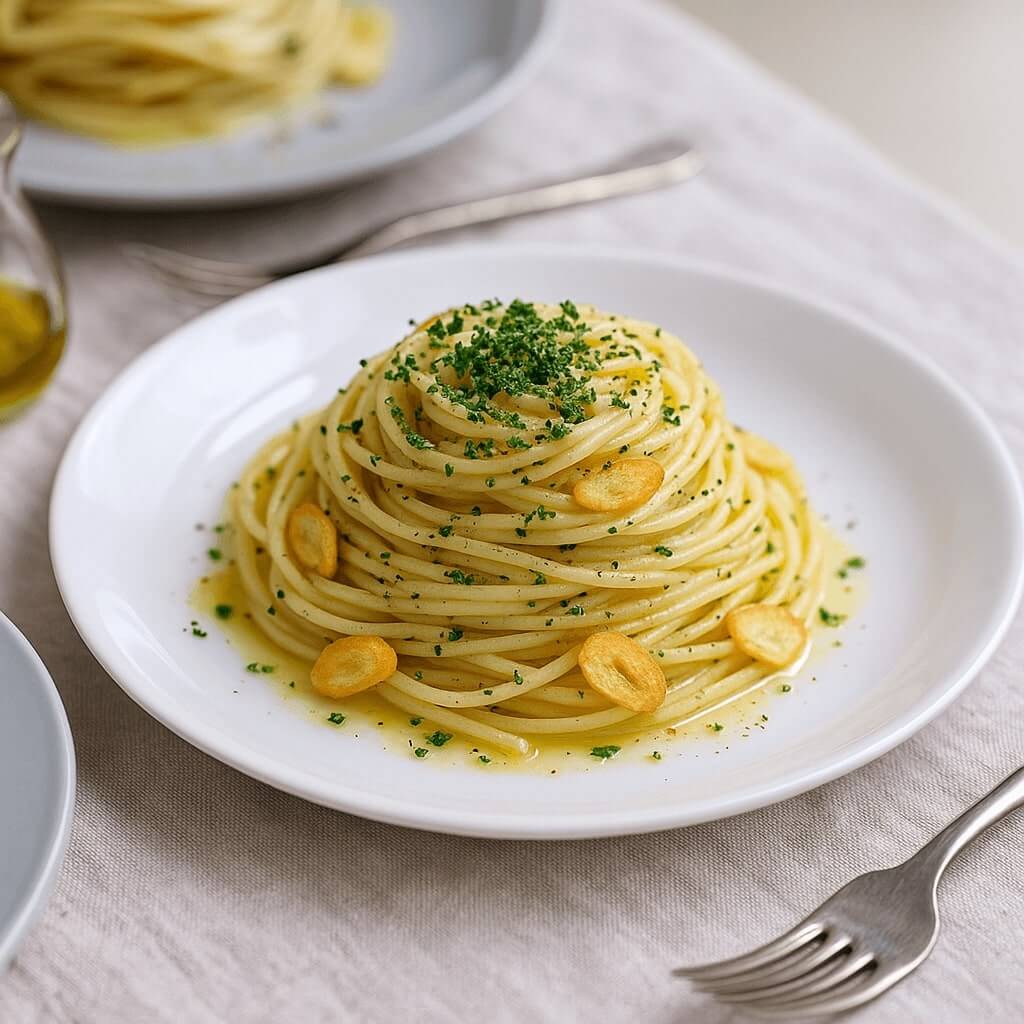 맛있게 잘 조리 된 알리오 올리오를 식탁에 세팅한 모습