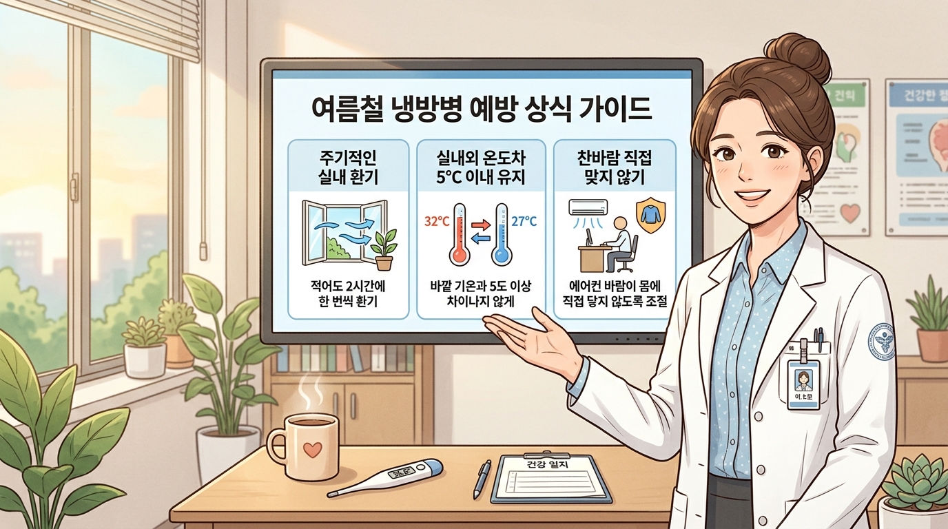 깔끔하고 밝은 병원 진료실에서 전문의 의사 선생님이 대형 디지털 화면을 가리키며 에어컨 밑에서 감기처럼 아픈 이유와 해결책을 설명하고 정기적인 환기와 적정 온도 유지를 포함한 여름철 냉방병 예방 상식 수칙을 환자에게 다정하게 설명해 주는 2D 일러스트 이미지.