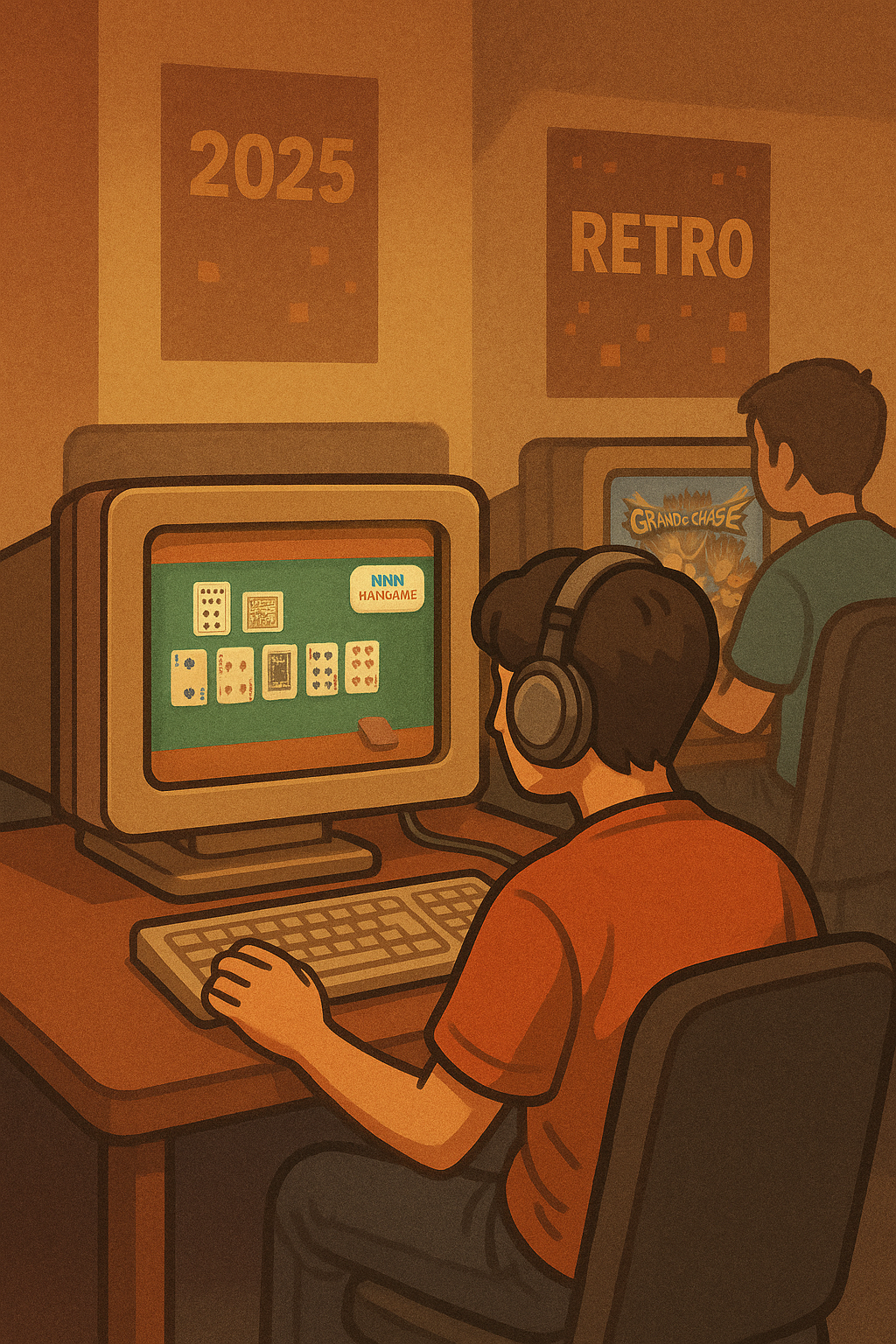 CRT 모니터로 한게임/넷마블 게임을 즐기는 모습